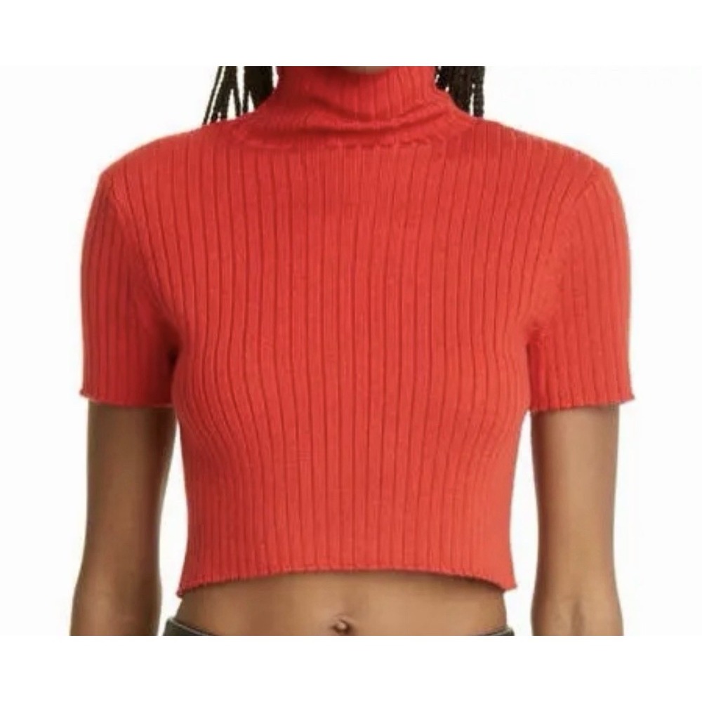 Staud Lilou Crop Wool Blend Turtleneck Sweater Cherry Red Size S
